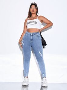SHEIN CURVE+ Plus Size Women's Slim Fit Washed Denim Skinny Jeans, Versatile For Daily Wear - Medium Wash - View 4