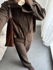 DAZY Women's Solid Color Zipper Front Jacket And Pants Casual 2 Pieces Set Fall - Chocolate Brown - View 8