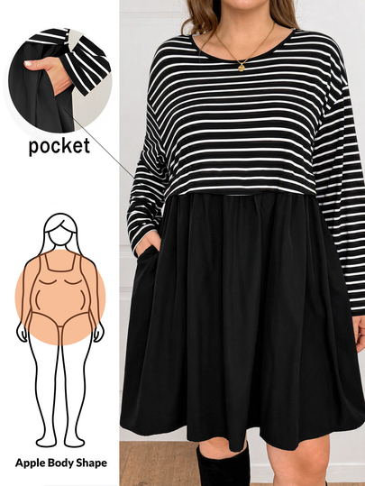 Shapeblank Plus-Size Women's Spring And Autumn Fashion Casual Loose Stretch Comfortable Black And White Striped Patchwork Long-Sleeved Babydoll Short Dress