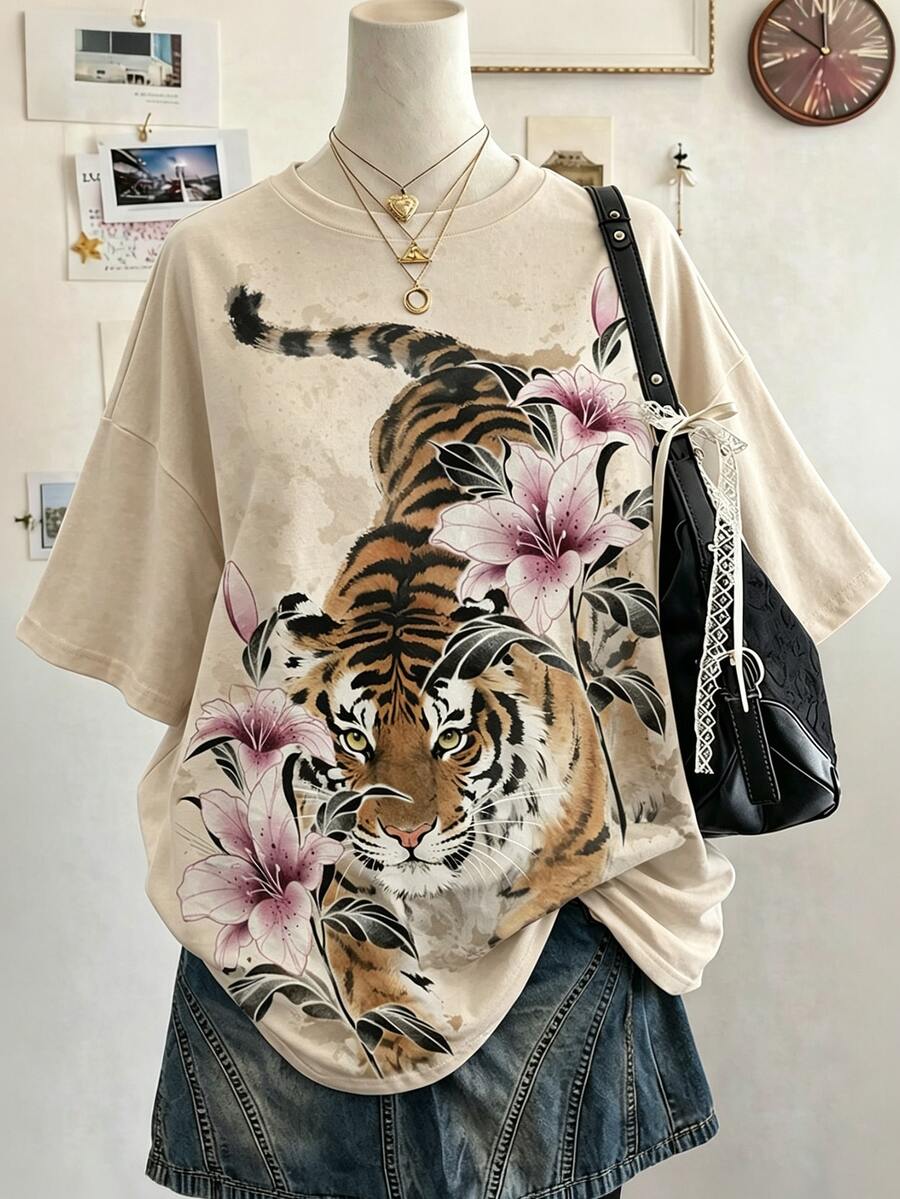 Lalippa 老虎數位印花時尚極簡寬鬆中長版圓領落肩女款T恤，送給朋友的禮物 - 彩色 - 查看 1
