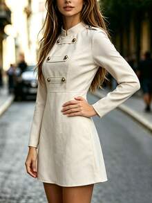 SHEIN Apricot Workwear Mini Dress Epaulet Double Metal Buttons Long Sleeve For Women - Apricot - View 6