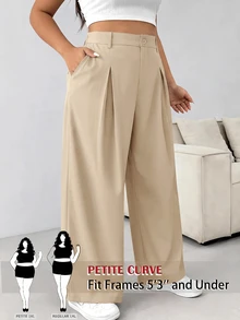 SHEIN PETITE CURVE Celana Panjang Kasual Kancing Polos Ukuran Besar dengan Potongan Lebar untuk Wisuda, Kembali ke Sekolah - Aprikot - View 1