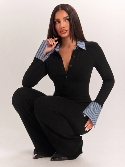 Radiana Sexy Casual Elegant Commuter Striped Colorblock Patchwork Jumpsuit, Shirt-Style Jumpsuit, Minimalist Fashion Jumpsuit, Daily Casual Wear, Commuter Wear, Urban Wear, Autumn/Winter Clothing