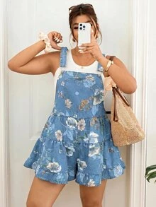 Lounesse Plus Size Floral Print Denim Overalls - Light Wash - View 5