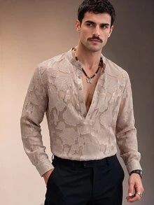 ZURIURI Men's Luxury Minimalist Floral Cut Button Half-Placket Shirt - Apricot - View 4
