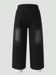 SHEIN Elladie kids 女童黑色水鑽寬腿牛仔褲，春夏秋冬四季皆宜，街頭風度假休閒極簡設計，柔軟舒適棉質牛仔布無彈力，適合日常穿著、通勤、外出與聚會 - 藍色 - 查看 2