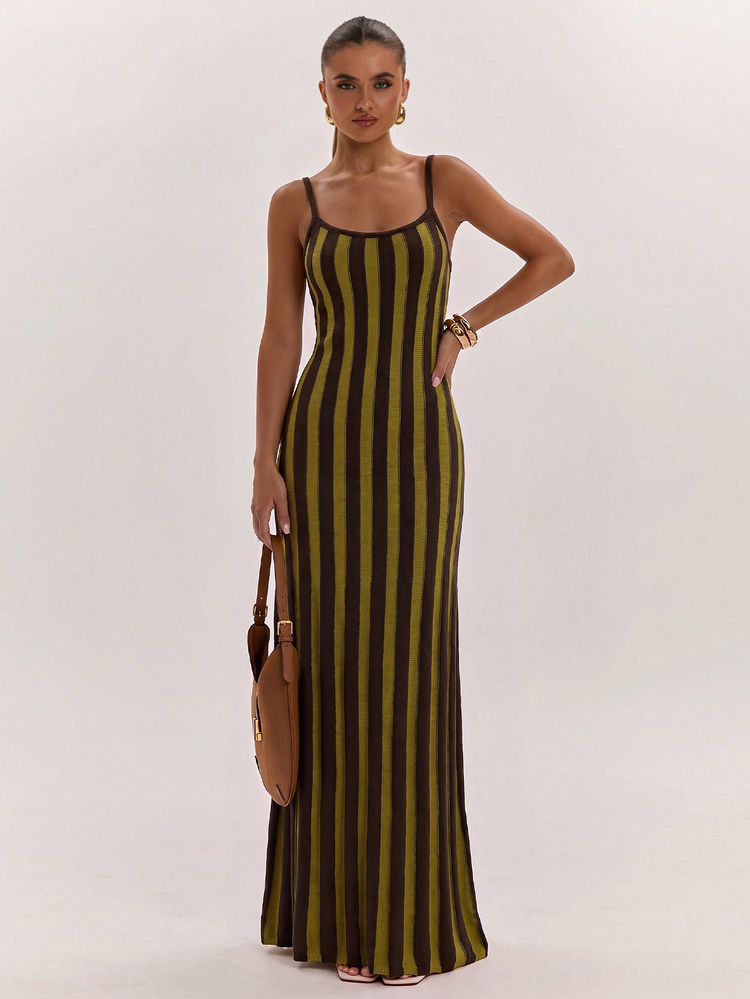 SHEIN BAE Women's Mature Style Elastic Slimming Bodycon Cami Dress, Waist-Cinched Knit Base, Versatile For Casual Elegant, Daily Brunch Brown Striped Summer - Multicolor - View 1