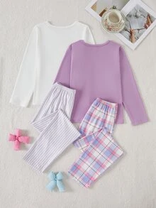 Girls Purple Solid Color Top + Plaid Long Pants Set, White Top With English Letter + Eyelash Print + Plaid Long Pants + Hair Scrunchie 4-Piece Set - Multicolor - View 2