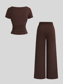 Sweetra Women's Autumn/Winter Brown Ribbed Knit Metal Starfish Decor Twisted Short Sleeve Slim Fit Top + Straight Leg Pants 2-Piece Set, Casual Cute Versatile For Outings, Dates And Daily Wear - Brown - View 2