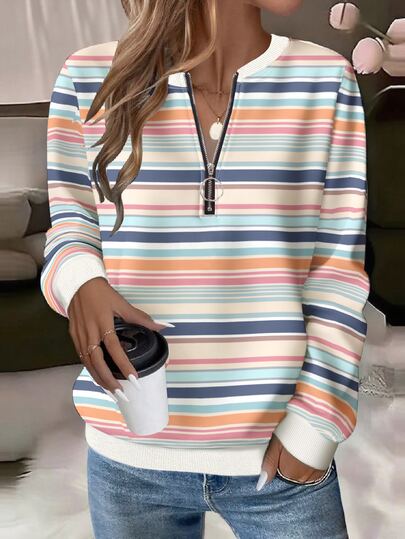Breezaya French Style Versatile Fashion Striped Print Half-Zip Crew Neck Plus Size Sweatshirt, Suitable For Daily Wear, Autumn Collection, Zip Crew Neck Plus Size Women's Sweatshirt
