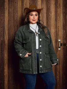 Breezaya Áo khoác denim nữ size lớn phong cách thường ngày, giặt mài, một hàng khuy - màu đen - Xem 8