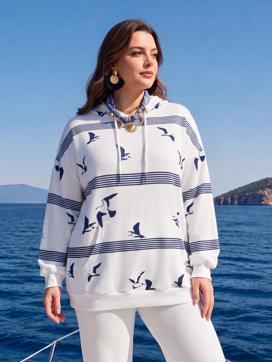 Miaspire Sweatshirt Wanita Ukuran Besar Motif Garis-garis Bahu Longgar Lengan Panjang Kasual dengan Saku dan Tali Serut, Cocok untuk Musim Gugur - MultiWarna - View 1
