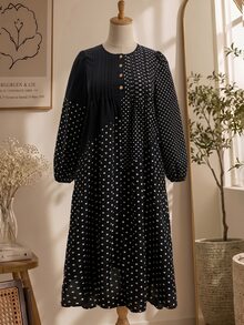 Rusticease Plus Size Women Polka Dot Pattern Button Design Long Sleeve Casual Dress Fall - Black - View 3