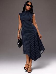 Radiana Minimalistisches modisches elegantes marineblau gestreiftes figurbetontes Kleid, asymmetrisches A-Linien-Midikleid, hoch elastisches gestricktes tailliertes Kleid, elegantes Kleid, Pendlerkleid, Arbeitsoutfit, lässiger Alltagskleidung, urbaner Stil - Blau - Übersicht 5