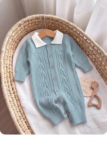 SHEIN 新生兒嬰兒麻花編織長袖單排扣對比領連身衣 - 藍色 - 查看 5