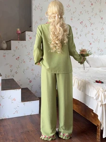 CottageSlumber Women's Embroidered Lace Trim Lapel Open Front Long Sleeve Pajama Set With Long Pants - Green - View 4