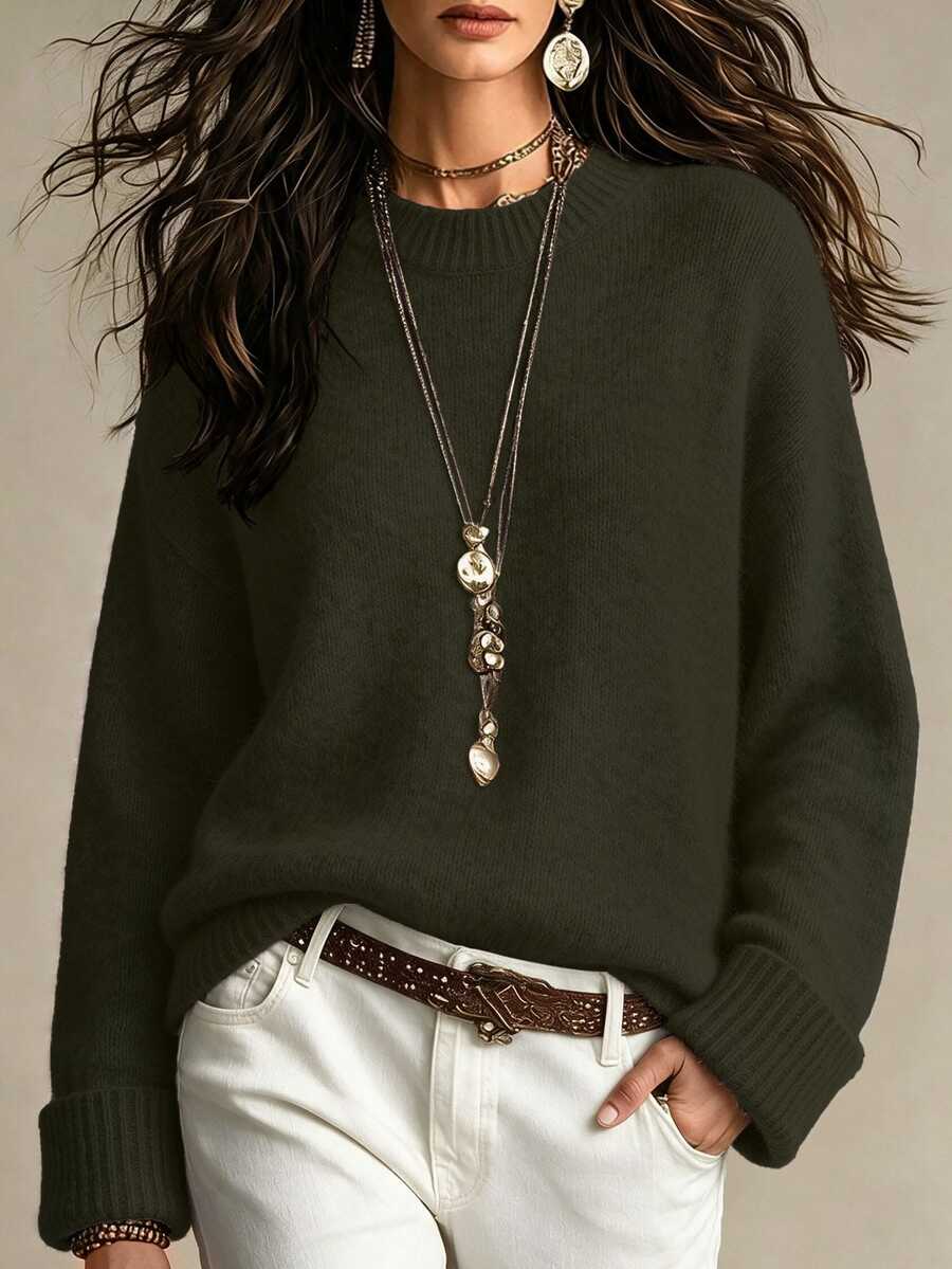 SHEIN 女款深綠色圓領捲袖羊毛混紡套頭毛衣,適合秋冬休閒購物、假日派對、約會 - 墨綠色 - 查看 1