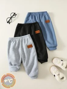 SHEIN 3件組嬰兒男童女童裝飾貼布保暖內裡加厚彈性腰舒適百搭長褲，適合秋冬穿著 - 彩色 - 查看 1