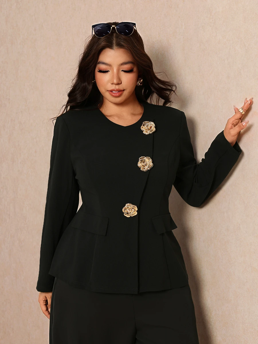 Elaquor Plus Size Women's Metal 3D Flower Button Long Sleeve Elegant Blazer Elegant Suit Women Fall/Winter Elegant Office Business Work Suit Set For Women - Black - View 1