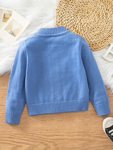 SHEIN Vintaside Kids 小男孩秋冬休閒素色紋理開襟毛衣 - 藍色 - 查看 2