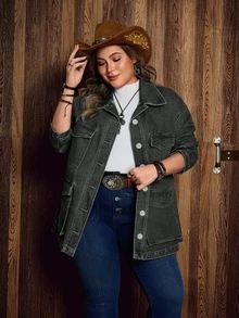Breezaya Áo khoác denim nữ size lớn phong cách thường ngày, giặt mài, một hàng khuy - màu đen - Xem 3
