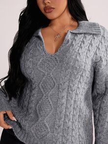 Rustia Plus Size Women Ribbed Texture Polo Collar Long Sleeve Pullover Sweater, Autumn/Winter Back To School Season - Grey - View 1