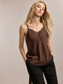 BizChic Shades Of Brown V領可調節蕾絲拼接背心，優雅性感法式復古商務通勤外出約會休閒運動夏季萬聖節 - 棕色 - 查看 5