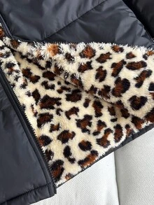 SHEIN 青少年女孩冬季中長款長袖加厚棉襖，內裡刷毛，人造毛領帽，保暖舒適，純色時尚日常秋季穿搭外套 - 黑色 - 查看 7