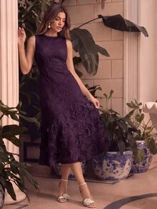 Anewsta 女款春夏優雅圓領蕾絲鏤空拼接洋裝 - 紫色 - 查看 1