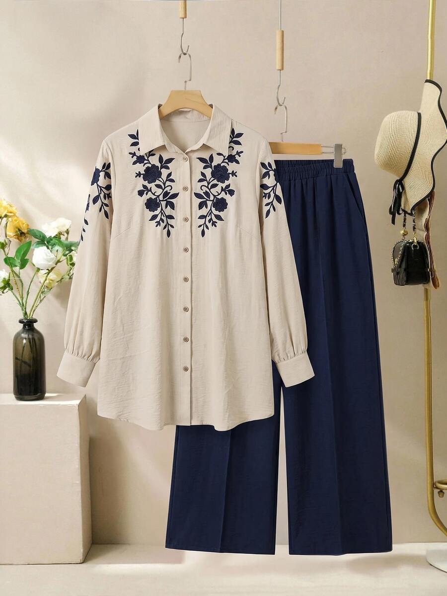 Al Najma Plus Size Women's Floral Embroidered Shirt And Wide Leg Pants Arabic Set - Multicolor - View 1