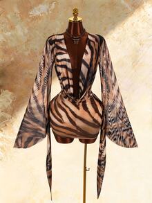 Amplova Women's Cowl Neck Animal Print Sexy Long Sleeve Dress - Brown - View 2