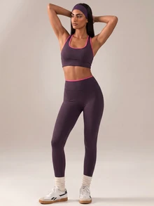 SHEIN BAE 女款滾邊背心與緊身褲日常健身運動套裝 - Bold Plum - 查看 6