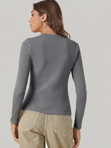 SHEIN BASICS 女款休閒百搭純色修身長袖T恤上衣 白色 - 灰色 - 查看 2