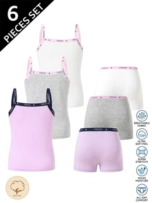 3 articles aléatoires parmi 6 ensembles de sous-vêtements sans manches et shorts pour préadolescentes, charmants, rose crème et violet unicolore, imprimé lettres, tissu doux, confortables pour tous les jours - Multicolore - Voir 2