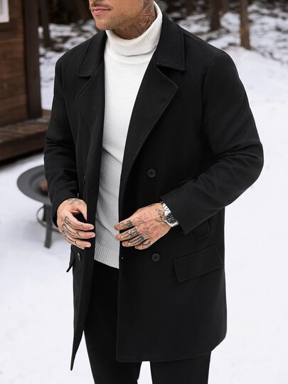 Manfinity CasualCool Męski czarny wełniany płaszcz dwurzędowy na jesień/zimę, luźna sylwetka, kołnierz, średnia długość, vintage, minimalistyczny, do dojazdów, styl Old Money, wełniana kurtka, odpowiedni na Halloween, Boże Narodzenie, prezent noworoczny