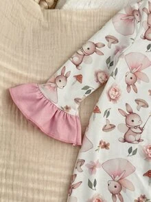 SHEIN Newborn Baby Cute Rabbit Print Ruffle Trim Romper Loungewear - Pink - View 6