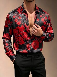 ZURIURI Men's Red Rose Loose Fashion Long Sleeve Shirt - Multicolor - View 3