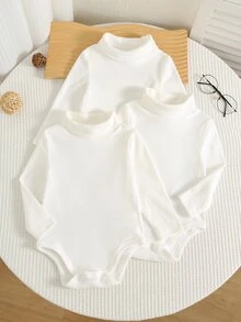 SHEIN 中性新生兒男嬰/女嬰 3件組秋冬保暖內裡加厚休閒百搭高領長袖連身衣套裝，嬰兒冬季連身衣，高彈性易穿脫 - 白色 - 查看 3