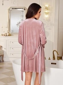 LuxeNights Women's Velvet Camisole Mini Dress & Lace Long Sleeve Cardigan Pajama Set - Pink - View 2