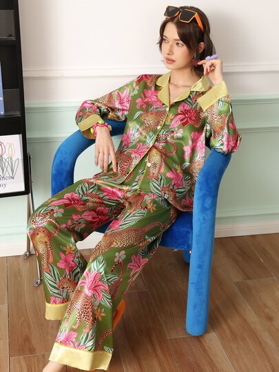 Chillnights Casual Vacation Leopard & Plant Print Contrast Color Satin Women's Pajama Set