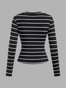 Comfortcana Plus Size Women 3pcs Set Round Neck Striped & Solid Color Casual Fitted Long Sleeve T-Shirt Fall - Multicolor - View 7