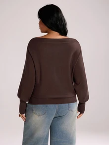 Rustia Plus Size Women's Solid Color Boat Neck Batwing Long Sleeve Single-Breasted Casual Knit Cardigan Winter - White - View 2