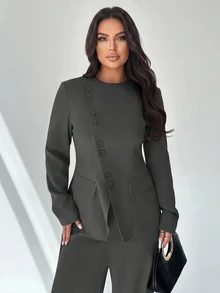 SHEIN Tall CURVE Conjunto de Blazer y Pantalones de Moda para Talla Grande de Estilo Ejecutivo - Gris Oscuro - Ver 3
