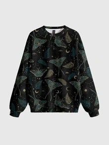ROMWE Dark Gothic Mysterious Moth Moon Sun Stars Gothic Pullover Sweatshirt Plus Size - Black - View 1