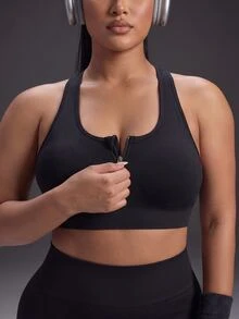 Powerista Women's Plus Size Solid Color Zipper Front Halter Neck Sports Bra Gym Running Fitness Workout Going Out Autumn High-Support - Black - View 4
