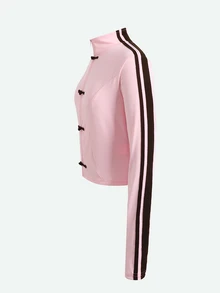 SHEIN 青少年女孩對比棕色中式結與織帶立領修身粉色長袖夾克外套休閒運動風，5款隨機1件 - 粉色 - 查看 4