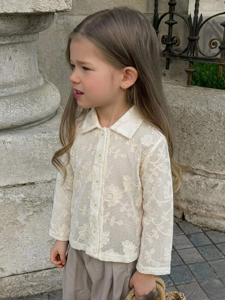 Dazy Kids Girls' (Small) Collared Short Sleeve Textured Hollow Design T-Shirt - Beige - View 6
