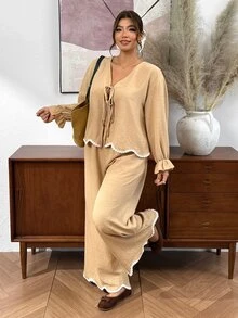 Lounesse Plus Size Women's Front Tie Long Sleeve Shirt And Wide Leg Pants Casual 2 Pieces Set - Mocha Brown - View 4