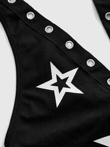 ROMWE Grunge Punk Set 2 Potong untuk Wanita Ukuran Plus: Atasan Tank Top Model Halter Neck Pendek dengan Motif Bintang Punk dan Rok Mini Pinggang Sangat Rendah - Hitam - View 4