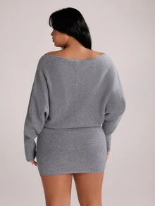 Rustia Plus Size Off Shoulder Batwing Sleeve Knit Mini Dress, Loose Soft Curve-Hugging Melanin Baddie Fall Winter Daily Essential Outfit - Grey - View 3
